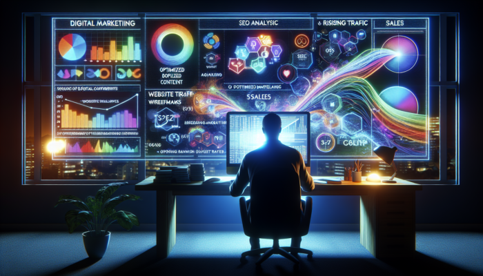 A digital marketer in Bridgwater analysing local keywords on a bright screen, surrounded by SEO charts and rising traffic statistics.