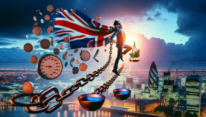 Debt Consolidation as a Life Reset Button: Start Fresh Today | DCL A person in a Union Jack scarf breaking free from tangled debt chains merging into a glowing key, with symbols of lower interest rates floating over a bustling London skyline at dusk.