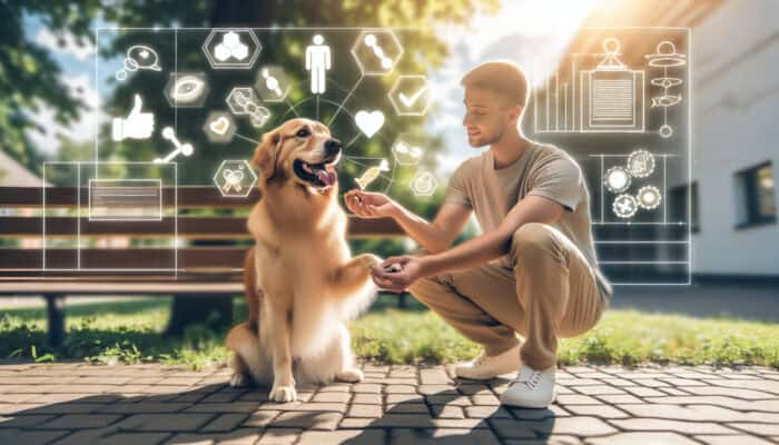 Cheerful owner in sunny park rewards a sitting golden retriever with a treat, gently guiding its paw down.