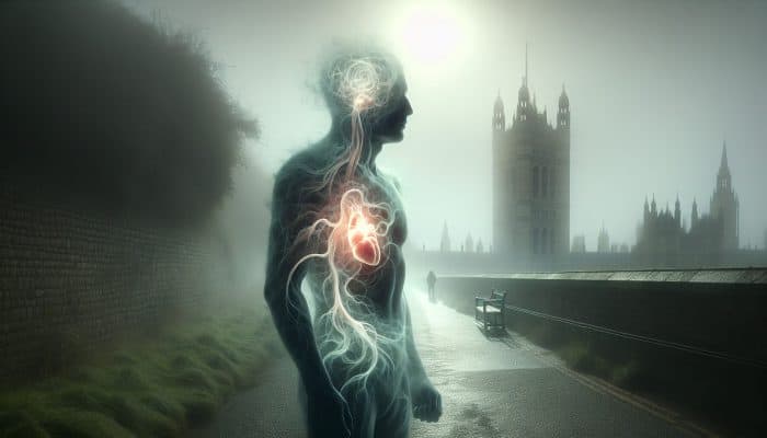 Illustration of a person in a foggy UK landscape with a glowing, malfunctioning thyroid gland entangled in swirling anxiety shadows, symbolizing untreated hypothyroidism's mental health effects.