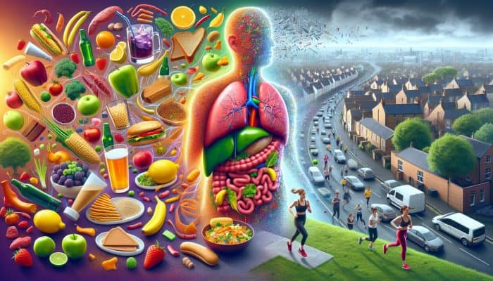 Bedworth residents illustrated transitioning from alcohol and junk food to healthy eating, fruits, vegetables, grains, and jogging for better liver health per NHS guidelines.