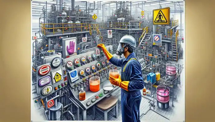 A worker in a busy British factory wearing nitrile gloves while handling acids and solvents, surrounded by machinery and safety signs.