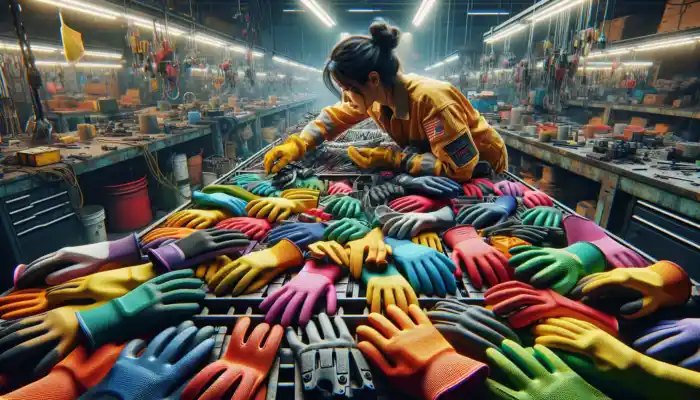 A worker examines various PVC gloves with textured grips on a cluttered workbench in a busy industrial workshop with tools and lights.