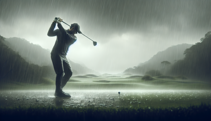 Determined golfer in rain gear swings club on slick fairway amid pouring rain, splashes, and misty hills.