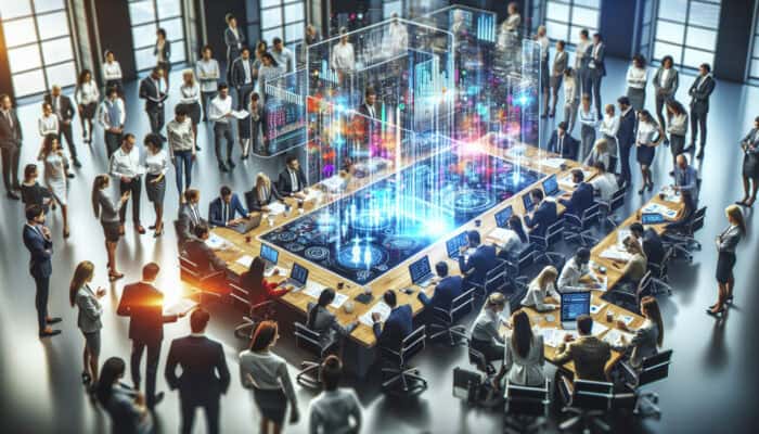 A diverse team in a high-tech meeting room uses screens and charts to overcome communication challenges in delegation.