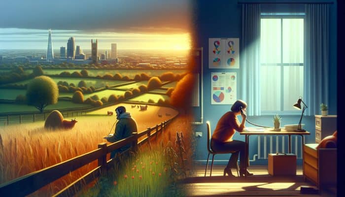 UK scene: A person on Samaritans helpline in a rural field and another in a Mind counseling session in an urban center, symbolizing mental health support and hope.