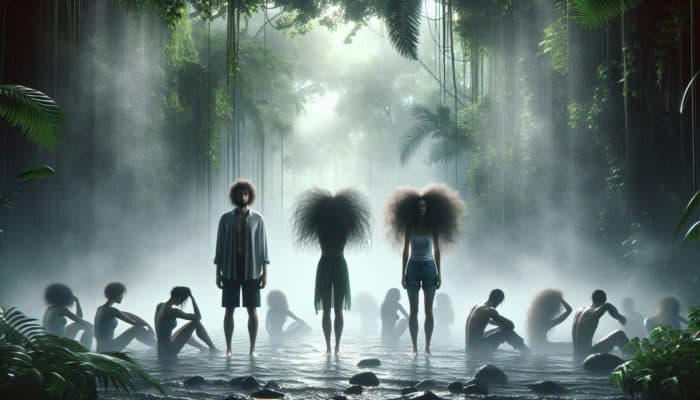 Illustration of diverse people with straight, wavy, and curly hair experiencing frizz in a humid rainforest, debunking myths.