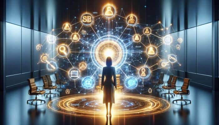 A digital strategist analysing a holographic web of backlinks, complemented by gold DA charts, vibrant niche connections, and dynamic traffic streams.