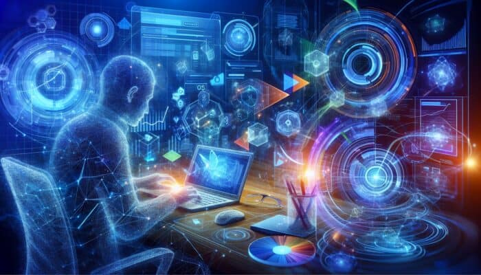 SEO expert evaluates competitor backlinks using Ahrefs, SEMrush, and Moz on illuminated screens, surrounded by holographic charts and graphs in blue lighting.