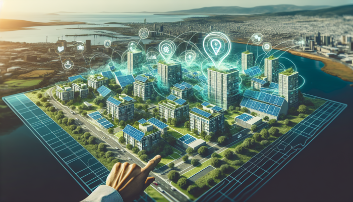 Vibrant cityscape of George, South Africa, with modern mid-level properties, solar panels, green parks, and investors studying policy signs.