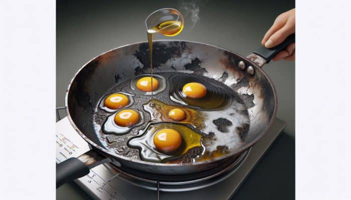 Worn non-stick frying pan on hot stove: eggs sticking, burning unevenly on one side, raw on the other, with excess oil poured.