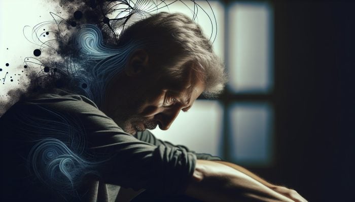 A weary middle-aged man sits in a dimly lit room, appearing exhausted and despondent, surrounded by dark shadows of anxiety with a faint glimmer of hope.