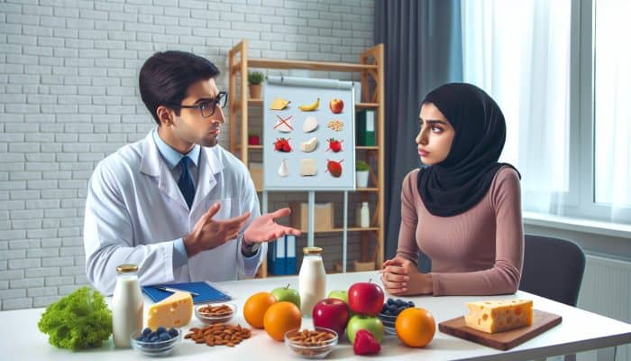 Diverse person and nutritionist in a modern UK clinic reviewing dairy intolerance results, surrounded by fresh fruits, almond milk, and crossed-out cheese.
