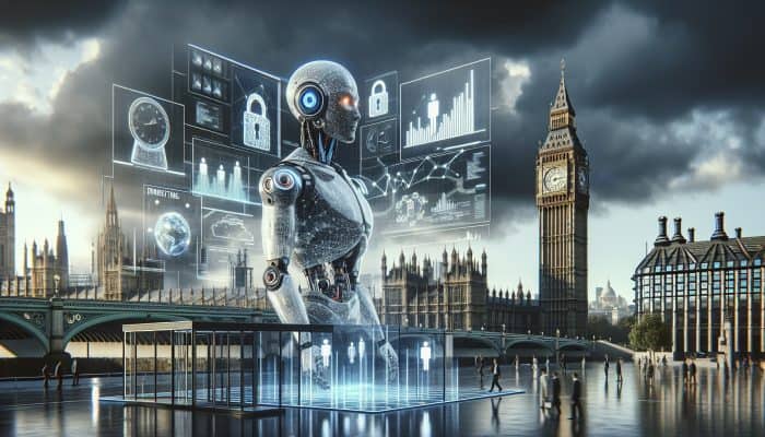 How AI Improves Debt Consolidation Loans: Benefits Explained | DCL An AI robot in a London financial hub analyzes debt data on screens, with shattered locks, unbalanced scales, and stormy Big Ben.