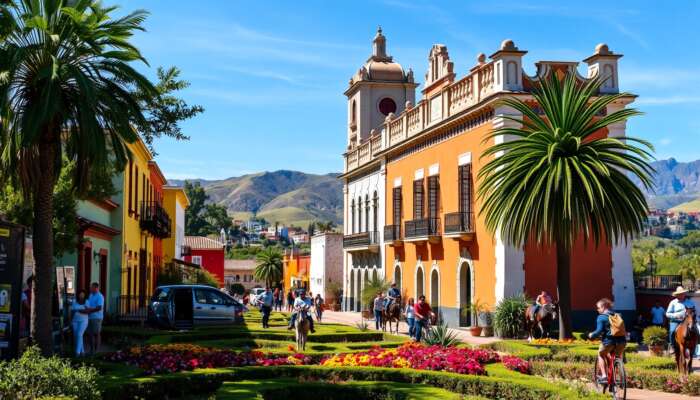 Vibrant outdoor scene in San Miguel de Allende showcasing colorful colonial architecture, lush gardens, and people enjoying hiking, biking, and horseback riding against a backdrop of rolling hills and a clear blue sky.