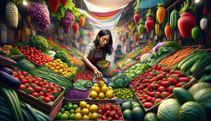 A vibrant market stall overflows with fresh red strawberries, green leafy vegetables, and yellow lemons as a shopper selects produce for an Instagram-worthy meal.
