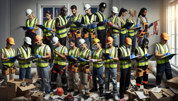 A professional team in high-visibility vests and helmets clearing a cluttered UK home with HSE-certified gear while reviewing risk assessments.