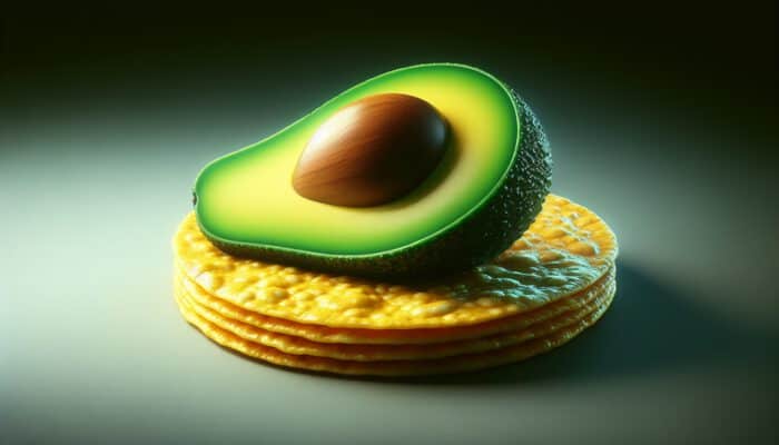 A close-up of a vibrant green avocado on a golden corn tortilla, showing bold colour contrasts and smooth textures.