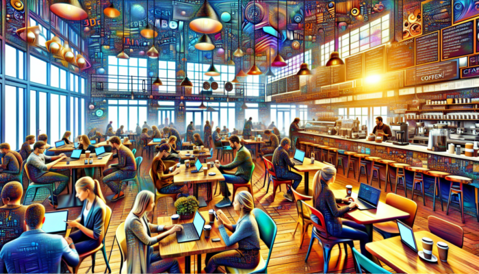 Illustration of a bustling Dartmouth café with customers browsing a sleek website featuring coffee, pastries, and crowded tables indicating increased orders.