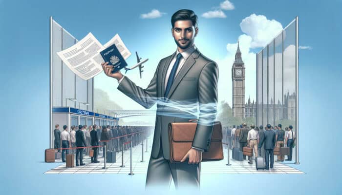 A confident consultant presents strategies to a relaxed traveler at UK customs, with orderly queues, passport stamps, and Big Ben under a clear sky.
