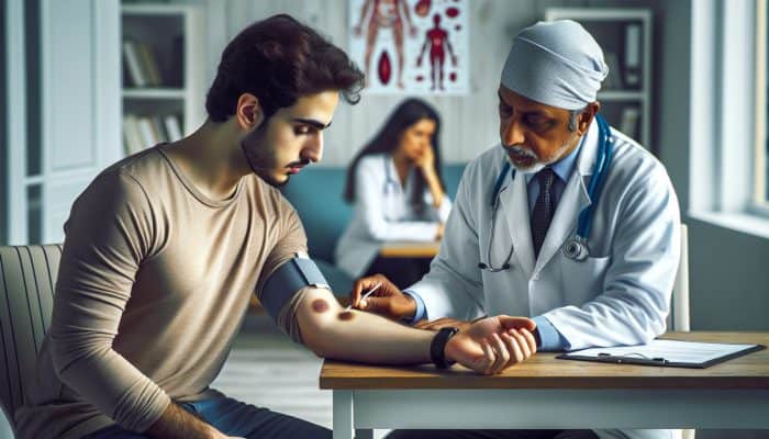 In a modern UK clinic, a diverse patient examines a minor arm bruise while a healthcare provider offers reassuring advice.
