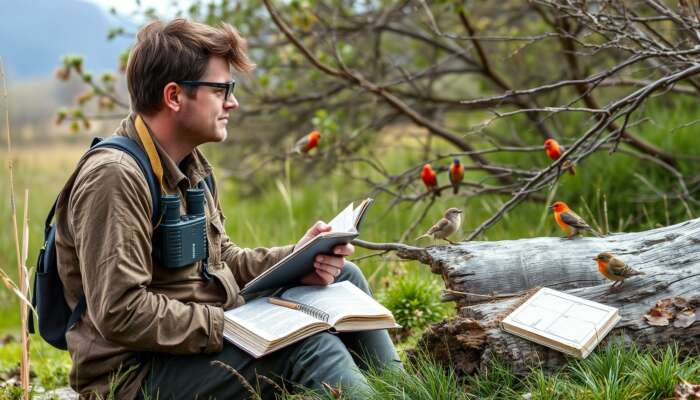 A birdwatcher in a natural setting, using high-quality binoculars, with a field guide on a log and a notebook on their lap, surrounded by perched birds.