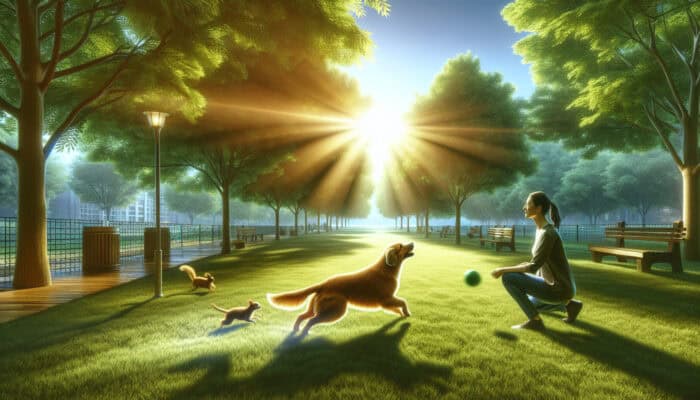 Pet owner observes focused dog retrieving a ball in a sunny park, demonstrating improved engagement from brain supplements, with trees and squirrels in the background.