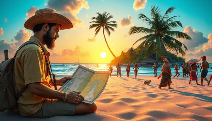 Vibrant tropical island scene: explorer examines a map with a local guide at a community festival under a golden sunset.