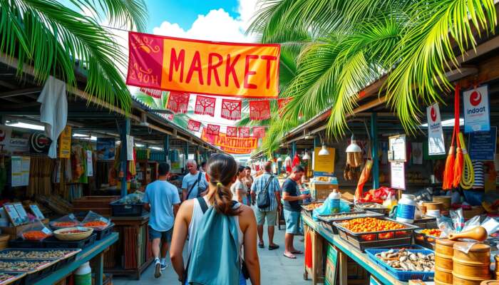 Vibrant market on San Pedro Island, Belize: traveller interacts with cheerful vendors selling crafts and seafood amidst tropical palms and colourful banners.