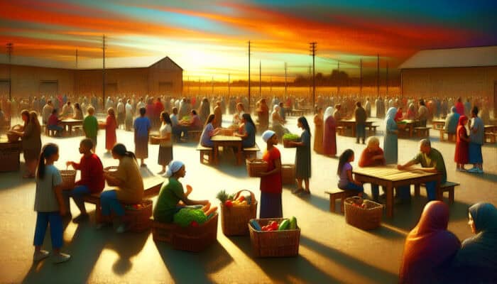 Diverse individuals in a bustling community centre share overflowing baskets, form supportive circles, and connect under the warm glow of a sunset sky.