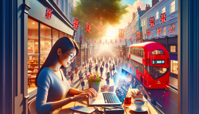 In bustling London, a determined business owner writes persuasive copy on a laptop, amid crowds, rising sales graphs, red buses, and Union Jacks.
