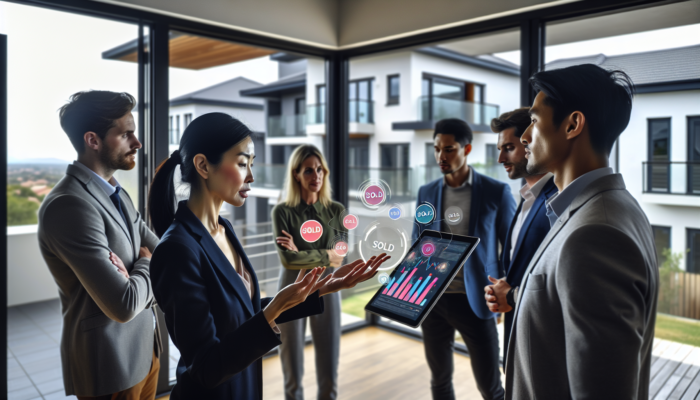 Real estate agent guides buyers through a modern Carletonville apartment, reviewing market analysis on a tablet with sold signs outside.