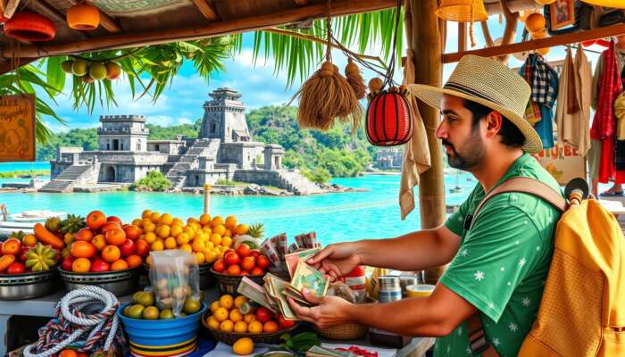 A traveler exchanges colourful Belize currency at a bustling market stall, surrounded by exotic fruits, ancient Mayan ruins, and turquoise waters.