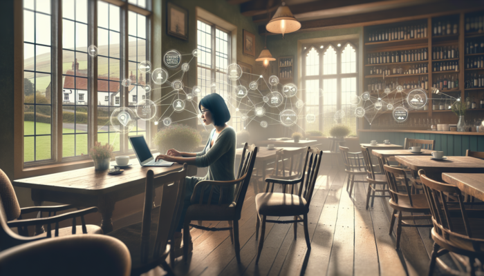 Digital marketer optimising content on a laptop in a South Petherton café, surrounded by SEO charts, local posters, testimonials, and soft countryside light.