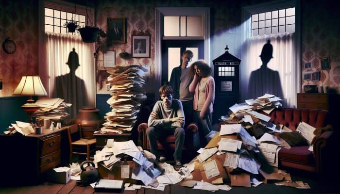 Debt Consolidation for Council Tax Arrears: Key Strategies | DCL Stressed London family in cluttered Victorian home surrounded by council tax bills, with shadowy school and police figures in background.