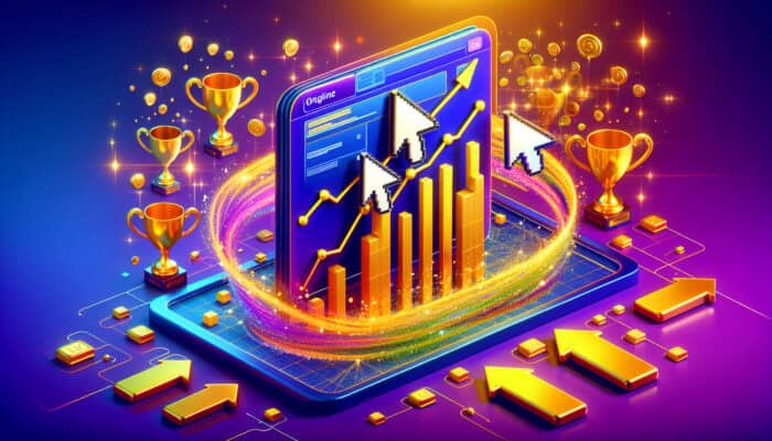 An engaging digital banner featuring clicking cursors transforming into ascending graphs and golden trophies, illustrating the impact of CTR on advertising success.