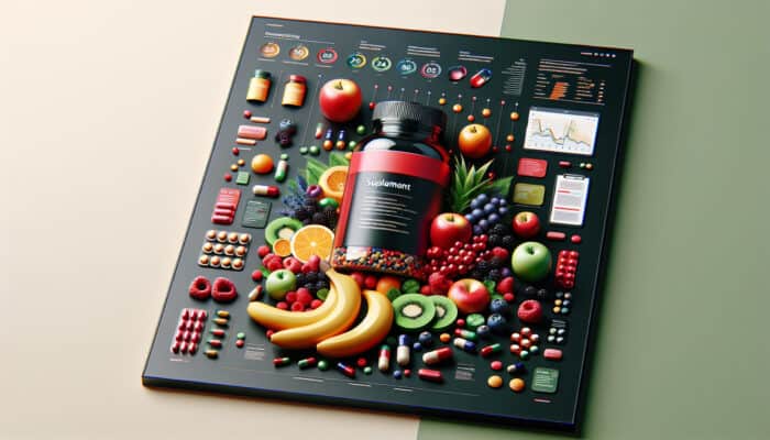 A dynamic supplement ad featuring colourful pills and fresh fruits in a modern layout with bold red and green colours.