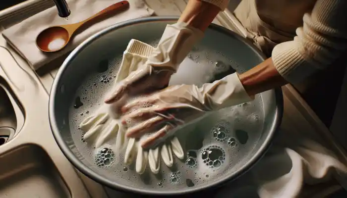Close-up of hands washing white cotton gloves in soapy water in a bright kitchen, with gloves air-drying on a towel in a ventilated room.