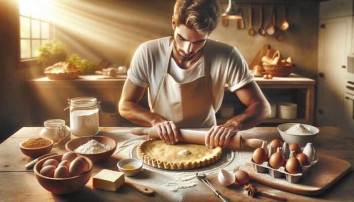 Skilled baker rolling golden pie crust on floured board in sunlit kitchen, with butter, flour, and eggs nearby.
