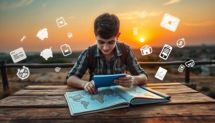 Young traveller at rustic table reviewing budget notebook and map, with floating icons of piggy banks and apps under sunset sky.