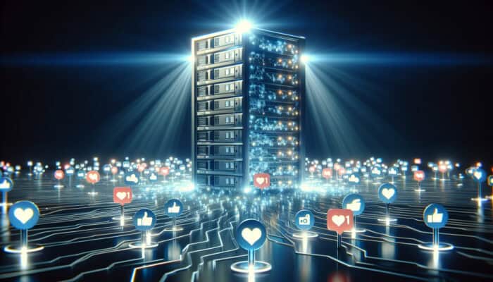 A futuristic server tower glowing with social media icons, surrounded by streams of likes, shares, and comments, symbolising enhanced SEO visibility.