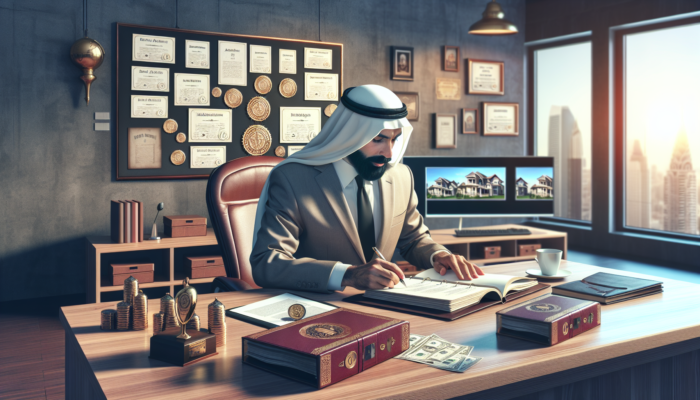 Evaluator reviewing estate agent's portfolio with documents, awards, and photos in a modern office illuminated by soft light.