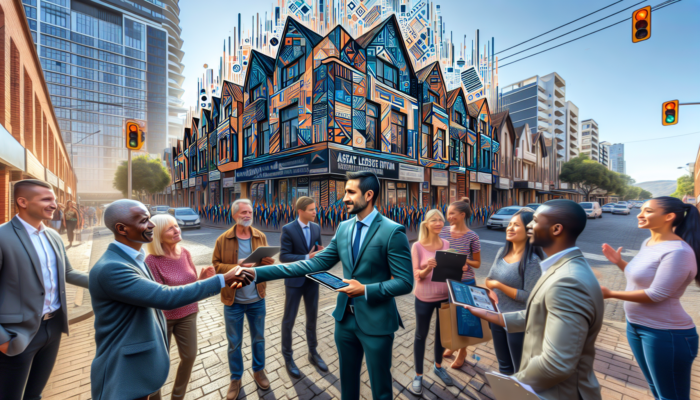 Estate agent in Klerksdorp networking with locals at a community gathering, discussing properties on a tablet amidst bustling streets.