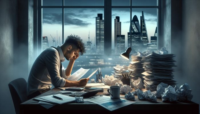 Stressed individual reviewing documents at a cluttered desk filled with bills, transitioning to a serene scene of financial freedom with ledgers and the London skyline at dusk.