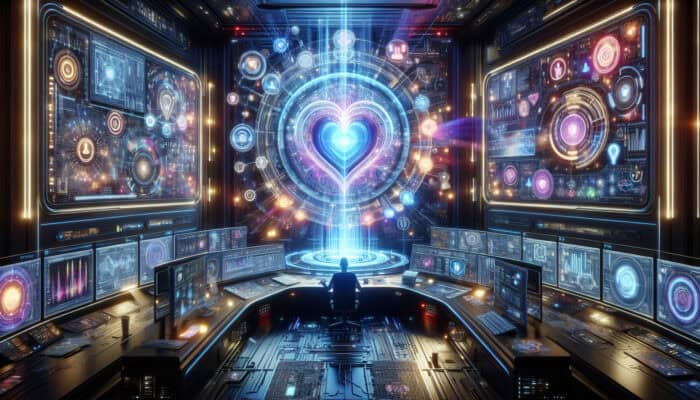 A futuristic marketing control centre with a glowing AI core, screens displaying real-time social media trends, and agile marketers adapting strategies.