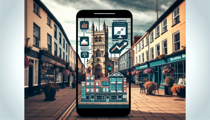 Small business owners in Exeter's modern office view responsive mobile websites on smartphones, with graphs showing performance growth and the cathedral in the background.