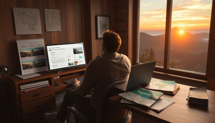 A traveller in a cosy room sits at a desk with a laptop displaying hotel options, surrounded by maps and a mountain sunset view.
