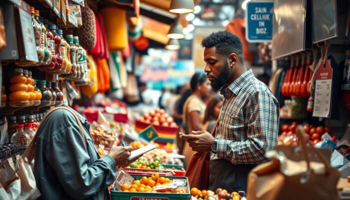 A diverse shopper in a bustling market examines colourful goods and negotiates prices with a vendor.