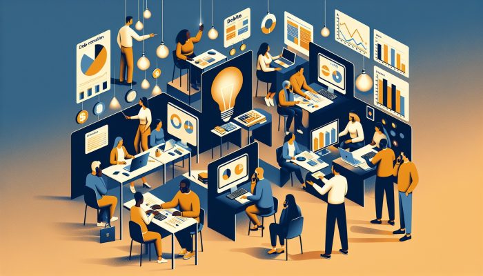 National Debtline vs Debt Consolidation Loans | DCL A bustling UK advice center for National Debtline, with diverse people receiving debt guidance via phones, computers, and face-to-face sessions, using charts and light bulbs for financial clarity and hope.