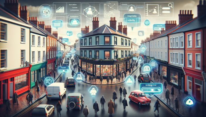 A bustling Teignmouth high street with a small shop overlaid by glowing SEO elements like rising rankings, keyword clouds, and streaming customers, symbolising growth.